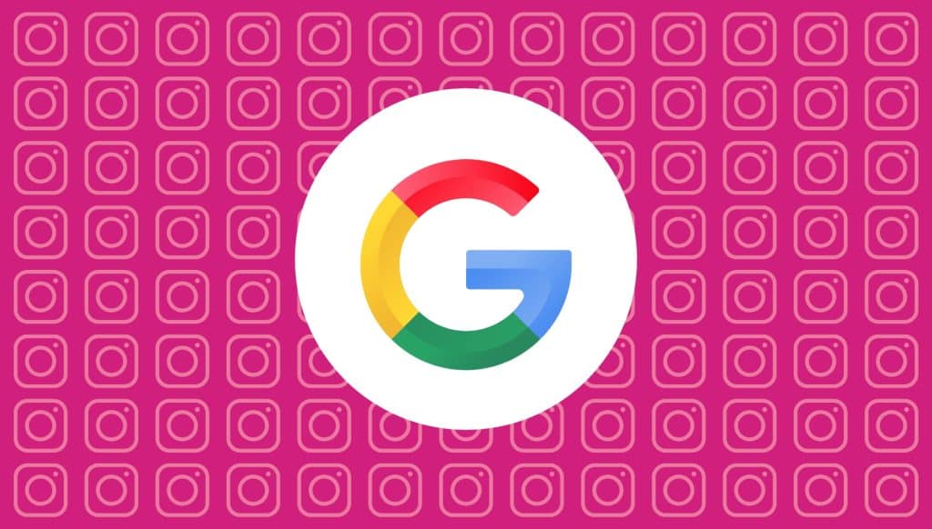 Google logo overlaid on a background of Instagram icons, representing the growing role of social search and the integration of Instagram content into Google search results.